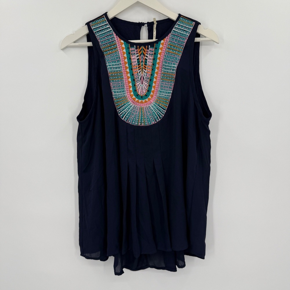 Navy Blue Bib Embroidered Sleeveless Swing Boho Chic Tank Top‎ Women's Size L